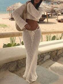 Conjunto de ropa de playa casual para mujer, top calado y falda, primavera - Albaricoque - Ver 5