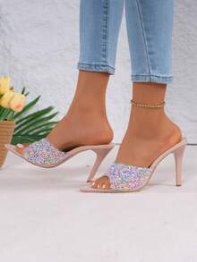Spring/Summer Women Sequins Decor Mules, PVC Stiletto Heeled Glamorous Sandals - Pink - View 4