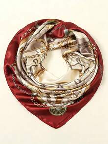 1pc Women's Fashion Chain Rope Printed 90cm Square Scarf, Versatile Printed Scarf For Spring & Autumn,Beach,Holiday,Travel Essential - Burgundy - View 2