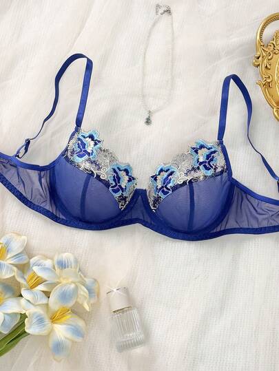 女士两件套棕色花卉刺绣缎面薄纱钢圈文胸和丁字裤内衣套装