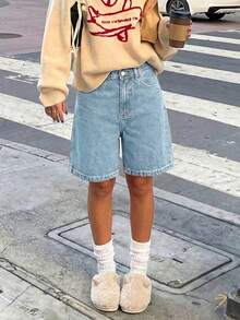 Quần short denim dáng rộng dài đến đầu gối, thích hợp cho kỳ nghỉ, bãi biển, lễ hội nhạc đồng quê. - Rửa nhẹ - Xem 1