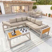 Modular Outdoor Sofa Set With Adjustable Backrest, Folding Armrests And Metal Ice Bucket, 10 Cm Thick Cushions For Terrace, Balcony, Poolside, Grey/Beige - 米色 - 查看 3