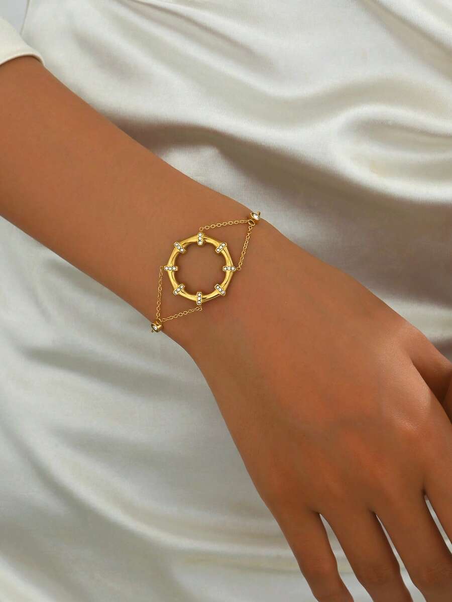 1件法式奢华圆形手链，镶嵌合成锆石，优雅百搭，适合女士日常、派对、聚会佩戴 - 金色 - 查看 1