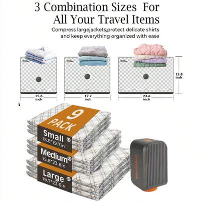 9-Piece Wireless Charging Vacuum Storage Bag Set, With Rapid Air Suction Function, Ideal For Storing Clothes, Blankets, Down Quilts, Pillows, Bedding And Travel/Home Essentials. These Space-Saving Vacuum Seal Bags Are Great For Home And Travel Use. A Very Practical Vacuum Compression Bag Set.
