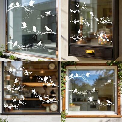 1/2pcs Bird On A Branch Window Clings,Creative White Silhouette Static Glass Stickers, No Glue Reusable Decals For Kitchen Living Room, Window Sliding Door Privacy Film