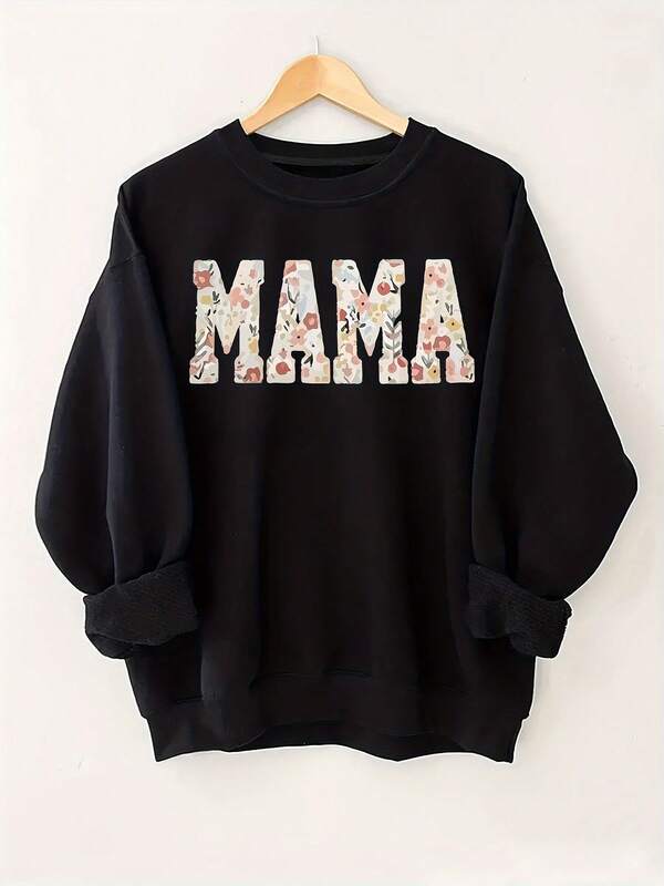 Hoodie For Women MAMA Women's Plus Size Floral & Striped Letter Print Oversized Round Neck Sweatshirt - Cozy Casual Long Sleeve Pullover For Fall Winter, Machine Washable, Winter Comfort Clothing, Playful Graphic Sweatshirt, Soft Texture Sweater2026- Spring, Y2k, Tops, Black Jumper, Maija