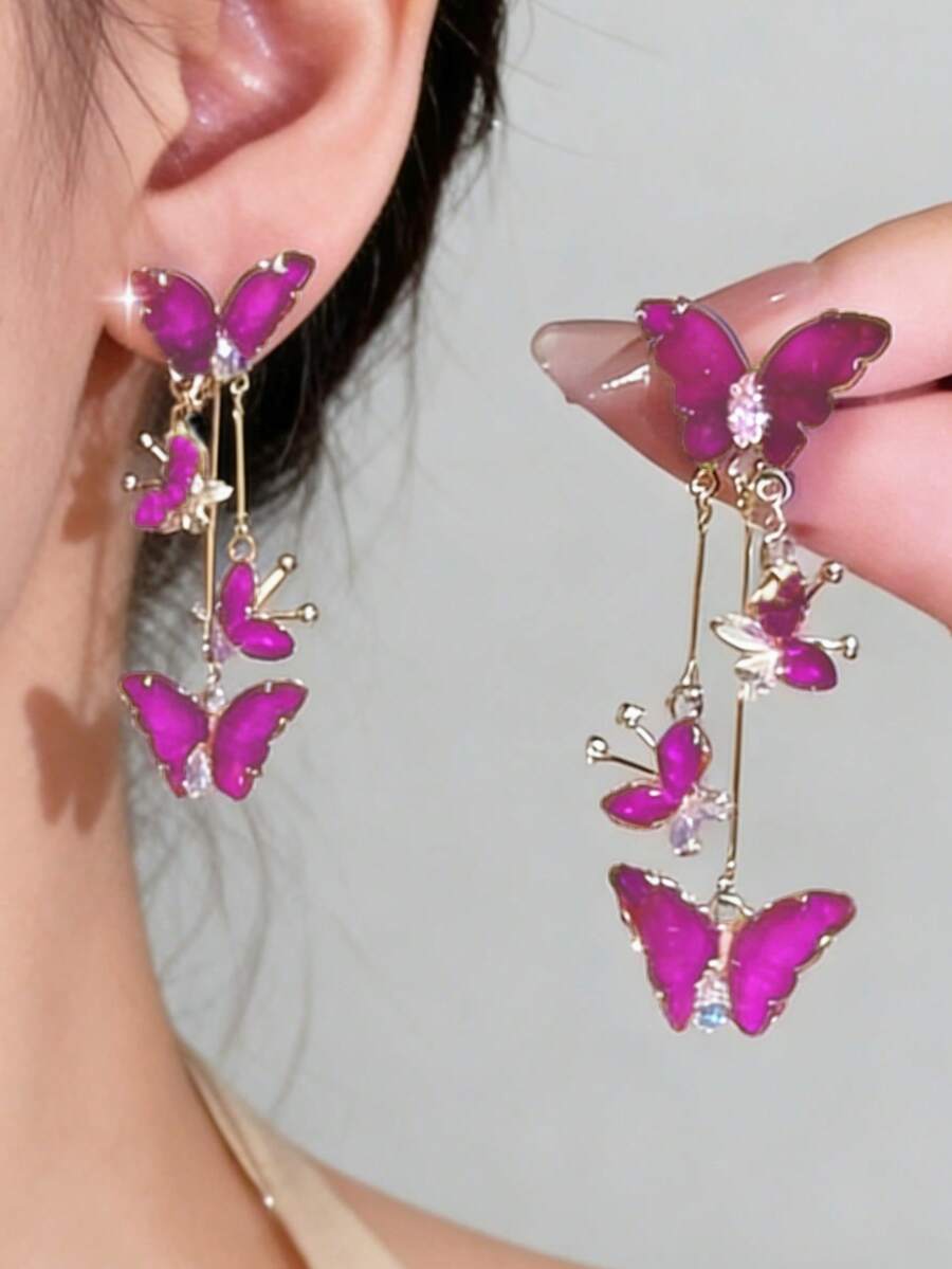 一对优雅紫色蝴蝶长流苏耳环，百搭日常佩戴