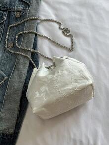 1pc White Butterfly Embroidered Crossbody Bag, Featuring Metal Chain Strap For Elegant & Versatile Look - White - View 10