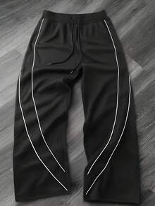 Pantalones casuales sueltos con cintura con cordón y bolsillos a rayas para hombres - Negro - Ver 6