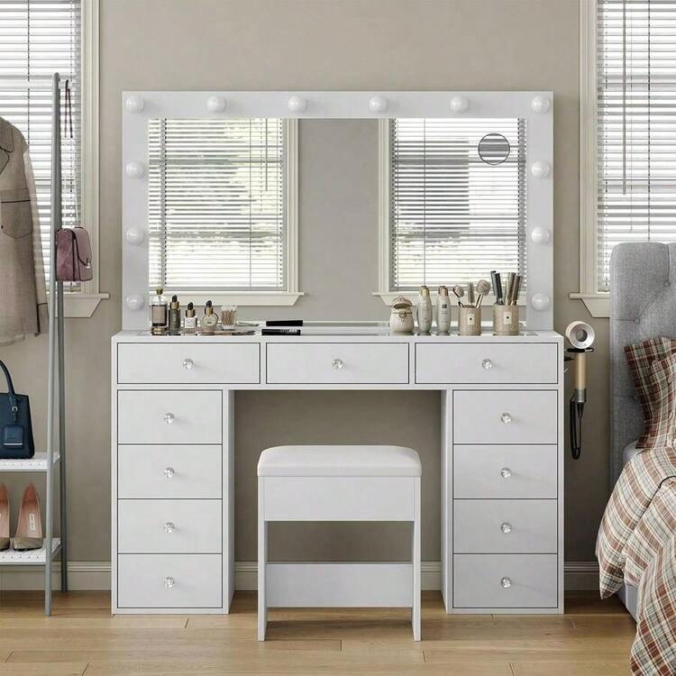 Escritorio de tocador CollaredEagle con espejo iluminado y toma de corriente, tocador de maquillaje con 12 luces LED USB, mesa de tocador con 11 cajones y silla, superficie de vidrio templado, tocador para dormitorio, vestidor. - Blanco - Añade 2