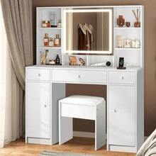 Habitdesign Vanity Tocador con Espejo y Luces, Tocador para Recamara con 3 Cajones y 2 Armario, Estantes Ocultos, Tocador de Maquillaje con Estación de Carga Escritorio - Blanco - Ver 10
