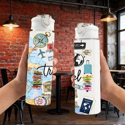 1 pieza/5 piezas Botella de agua de plástico de 750ml, botella de agua deportiva de plástico con diseño impreso de mapa del mundo, tapa con bisagra, diseño portátil y delgado, combinando estética y practicidad. Botella de bebida de viaje ligera y a prueba de fugas.