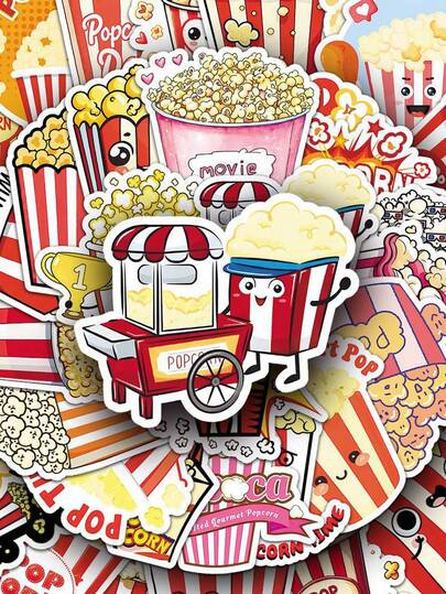 50 piezas Pegatinas de palomitas de maíz de dibujos animados, pegatinas estéticas de graffiti de palomitas de maíz lindas, pegatinas de vinilo resistentes al agua adecuadas para botellas de agua, patinetas, equipaje, portátiles, parachoques, suministros para fiestas temáticas