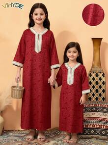 Vihyde 1件女童酒红色花卉饰边领口七分袖开衩提花连衣裙 - 酒紅色 - 查看 2