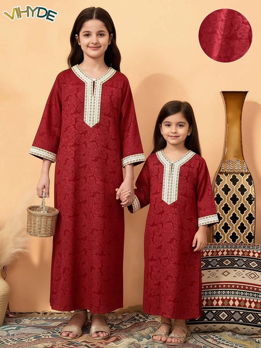 Vihyde 1件女童酒红色花卉饰边领口七分袖开衩提花连衣裙 - 酒紅色 - 查看 1