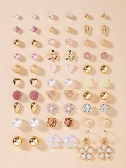 30 piezas Juego de aretes delicados y coloridos con diseños minimalistas de triángulos, corazones, formas geométricas y florales. Aretes versátiles para uso diario, adecuados como regalo para amigos y fiestas