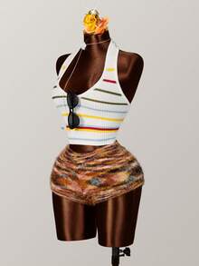 1pc Contrast Stripe Knit Ribbed Halter Neck Sweater Vest, Suitable For Beach, Evening Date, Vacation, Everyday Wear, Spring/Summer - Multicolor - View 6