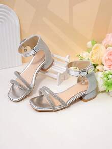 Giày sandal cao gót đính đá lấp lánh màu bạc cho bé gái, kiểu mũi vuông, có khóa dán, giày công chúa cho trẻ em. - Bạc - Xem 7