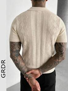 GRDR 男士镂空针织 Polo 衫，美式复古 V 领短袖，透气网眼夏季上衣 - 杏色 - 查看 3