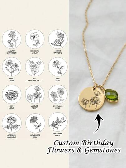 1 Dây chuyền hoa và đá quý theo tháng sinh tùy chỉnh, dây chuyền thép không gỉ, có thể tùy chỉnh với hoa và đá quý từ tháng 1 đến tháng 12, dây chuyền tùy chỉnh, trang sức nữ, quà tặng Ngày của Mẹ cá nhân hóa cho mẹ, quà tặng hoa theo tháng sinh, quà tặng cho người lớn tuổi, quà tặng Ramadan, dây chuyền cưới, dây chuyền đính hôn, quà tặng tùy chỉnh, quà tặng sinh nhật/kỷ niệm.