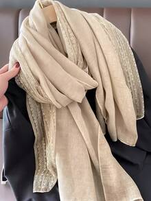 1pc Women's Linen Solid Color Lace Trim Scarf, Lace Long Scarf Suitable For Daily Wear, Beach, Holiday, Travel Essential - Apricot - View 2