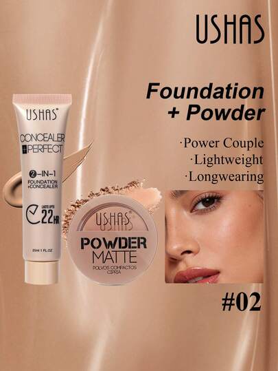  Bộ phấn nền và phấn phủ 2 trong 1 USHAS, phấn nền dạng lì, che phủ khuyết điểm da, làm đều màu da, trang điểm lâu trôi, không thấm nước.