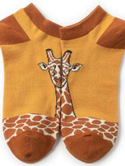 半双装女士可爱长颈鹿图案短袜 - 透气棉质休闲短袜，适合日常穿着