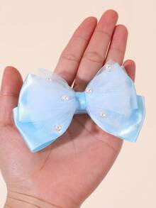 2pcs Blue Satin Mesh Pearl Bow Silk Hair Clip For Girls, Elegant & Cute Barrette Hairpin For Teen Girls, Suitable For Daily Wear, Holidays, Beach Photos, Back To School, Head Accessories, Girls Hair Accessories , Claw Clips(Random Pearl Placement) - Multicolor - View 3