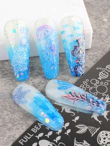 4件組海洋海灘夏季美甲印花板，水母海星火烈鳥熱帶花卉葉片圖案美甲印章模板，可重複使用金屬美甲模板，不鏽鋼美甲工具，夏季美甲DIY沙龍使用 - 銀色 - 查看 9
