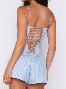 Women's Striped Casual Spaghetti-Strap Top And Elastic-Waist Loose Shorts Set Classic Summer Y2k Comfortable Vacation Set, Street Style - 藍色 - 查看 5
