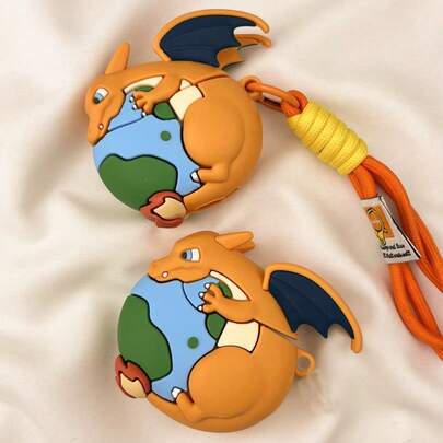 1pc Cartoon Dinosaur Breathing Fire Earth Design Case With Lanyard, Suitable For Airpods 4th Gen, 1/2, Pro 1/2, Pro 3, Cute Couple Earphone Protective Cover (Earphones Not Included)