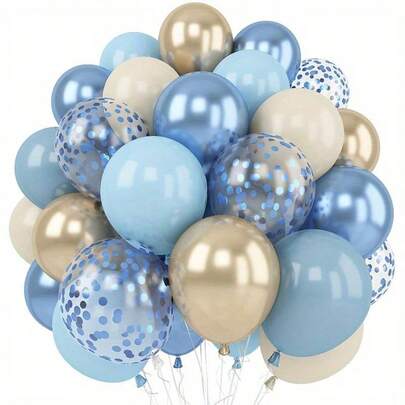 42个复古蓝色气球，包括浅蓝色金属气球、蓝色和金色乳胶气球，以及蓝色亮片气球和白色沙粒气球，非常适合装饰生日派对、迎婴派对和婚礼。