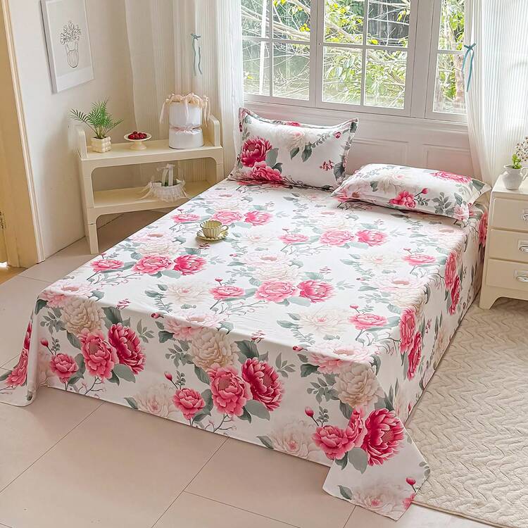 3pcs Floral Print Bedding Set (Includes Pillowcase, Excludes Filler) 100% Polyester Fabric Printed Bedsheet & Bedcover, Machine Washable, Soft & Durable, Suitable For Bedroom Or Guest Room, Modern Minimalist Home Bedding - Flowers Bloom In Wealth and Prosperity - View 7