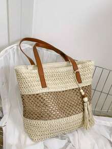 A New Stylish Vacation-Style Women's Beach Tote Bag, Lightweight Hand-Woven Straw Shoulder Bag With Contrasting Color Stripes And Tassel Decoration, Casual Woven Handbag With Zipper Closure, Perfect For Vacations And Travel, A Must-Have For Vacations, Beach Bag, Summer, Vacation, Woven Bag. - 米色 - 查看 8