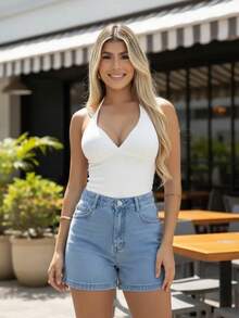 Women's Ribbed Tank Top In The Color Of The Year. Great Fit. Basic And Easy To Match. Minimalist With V-Neck And Neck Tie. Summer. - White - View 1