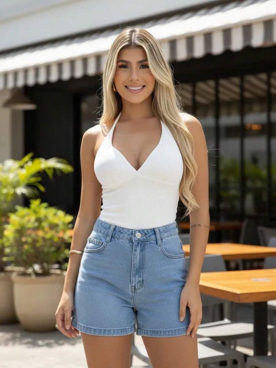 Women's Ribbed Tank Top In The Color Of The Year. Great Fit. Basic And Easy To Match. Minimalist With V-Neck And Neck Tie. Summer. - White - View 1