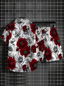 One Piece Of Men's Retro Elegant Woven Fabric, Wrinkle-Resistant And Easy To Care For, For Partner, Summer Casual Dinners, White Base With Red Flower Print Men's Lapel Shirt Plus Beach Pants Set - Nhiều màu - Xem 2