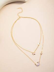 Dây chuyền hai lớp tối giản, mặt dây chuyền hình ngôi sao và mặt trăng màu tím, trang sức thời trang. - Màu tím hoa cà - Xem 5