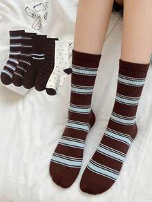 2/5/8雙女款多色組合白色、棕色、藍色對比條紋可愛波點提花中筒襪，時尚復古英倫風中筒襪，透氣針織面料，極簡學院風，適合居家、通勤、約會與節日禮物使用，隨機配色 - 彩色 - 查看 5