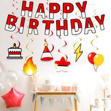 19件套红白生日派对横幅悬挂漩涡装饰套装，红白生日快乐主题生日派对装饰，生日蛋糕，帽子，闪电图案活动和场景装饰用品 - 紅白裝飾套裝 - 查看 2