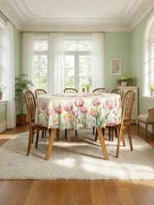 1pc Elegant Tulip & Floral Print Tablecloth, Durable Polyester Tablecloth With Ruffled Edges, Stain-Resistant Waterproof Washable Wrinkle-Free Table Cover, Suitable For Various Occasions Like Spring Holidays, Thanksgiving Dinner, Patio Parties, Home Decor, Essential Dining Table And Kitchen Dining Accessory, Home Decor Tablecloth, Wedding Tablecloth, Wedding Table Decor, Room Decor, Vintage Decor - Black - View 4