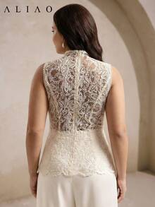 Aliao 大码优雅佩斯利刺绣透视无袖背心，网纱拼接，性感女式上衣，夏季穿搭，适合通勤、度假、浪漫婚礼季、情人节、优雅女士、海滩装扮、感恩节装扮、毕业典礼、返校季、节日装扮 - 杏色 - 查看 4