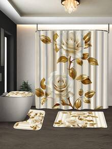 1/4pcs 3D Rose Print Waterproof Shower Curtain With Hooks - Machine Washable Polyester Bathroom Partition - A - View 22