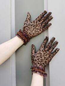 豹纹网眼手套，女士透明动物纹全指手套，复古时尚手套，日常复古蕾丝袖口手套，蕾丝手套，白色手套，手套，茶会帽和手套，茶会手套，优雅手套，女士蕾丝手套 - 豹紋 - 查看 4