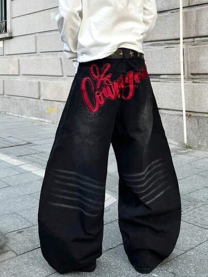 1pc Justice Brother Japanese Streetwear Brand Men's Unique Embroidered Design Black Denim Jeans, Casual Loose Wide Leg Pants, Versatile For All Seasons (Belt And Accessories Not Included)