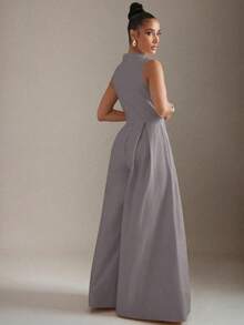 Extreme Wide Leg Zip Front Sleeveless Jumpsuit - Grey - View 5