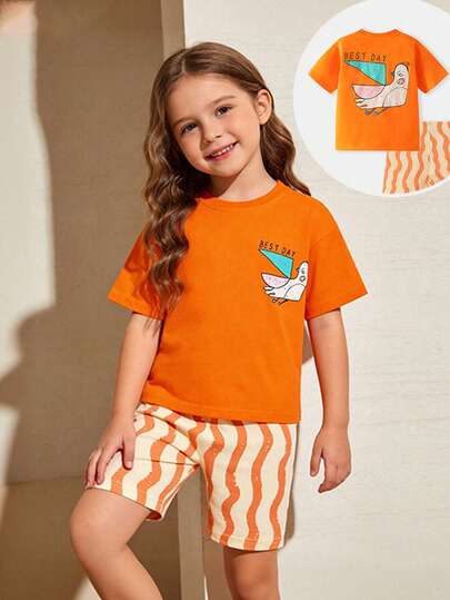 2pcs/Set Young Girl Short Sleeve Shorts Set, Cartoon Bird Animal Print Pattern, Fashionable Outfit For Spring/Summer