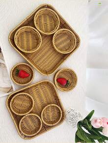 1 pieza Bandeja ovalada tejida a mano de ratán, plato portátil de estilo japonés para postres y frutas, cesta de almacenamiento, adecuada para almacenamiento, decoración, decoración rústica del hogar, maceta, portavelas, accesorios navideños, suministros para fiestas de cumpleaños, regalo de cumpleaños - Marrón moca-con asa - Ver 9