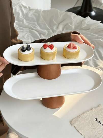 1pc Ins Style Stainless Steel Oval Cream Cake Plate, Elegant Afternoon Tea Cake High Foot Plate, Rectangular Dessert Display & Storage Tray