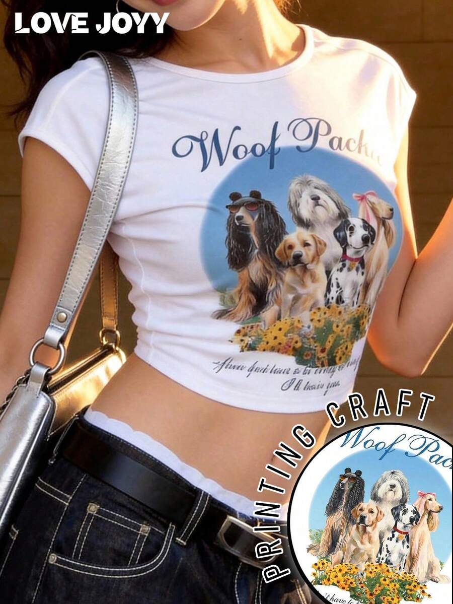 LOVE JOYY 女士 Y2K 复古白色露背短袖露脐 T 恤，狗狗印花，休闲街头风夏季上衣 - 彩色 - 查看 1